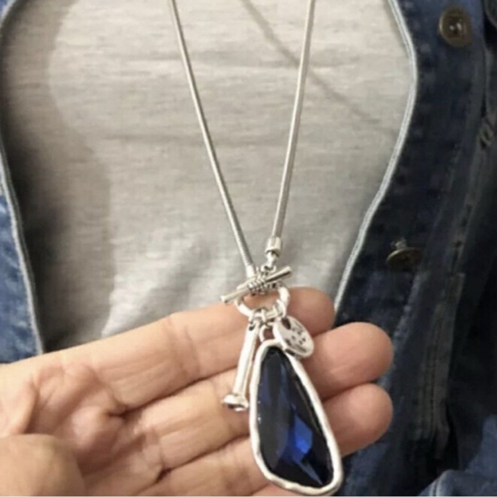 Silver 36" Long necklace for Sweater blue Faced Crystal womens jewelry